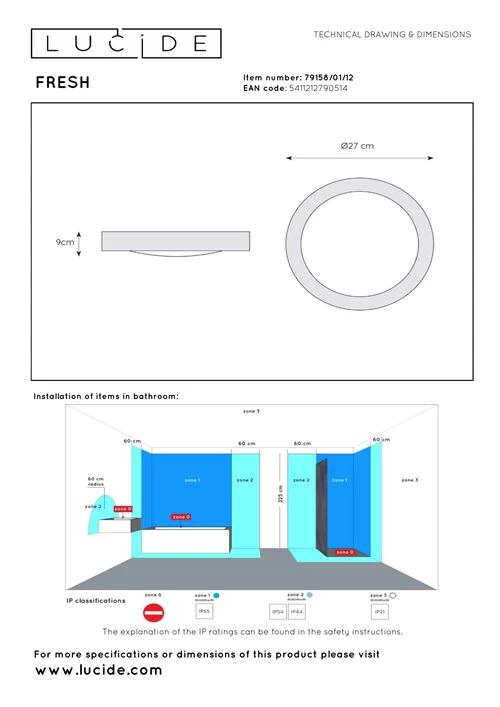 Lucide FRESH - Plafonnier Salle de bains - Ø 27 cm - 1xE27 - IP44 - Chrome Dépoli - technique
